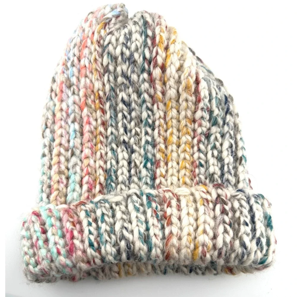 HANDMADE Wool Blend Beanie Hat Multi-Colored Chunky Marled Knit Warm & Cozy